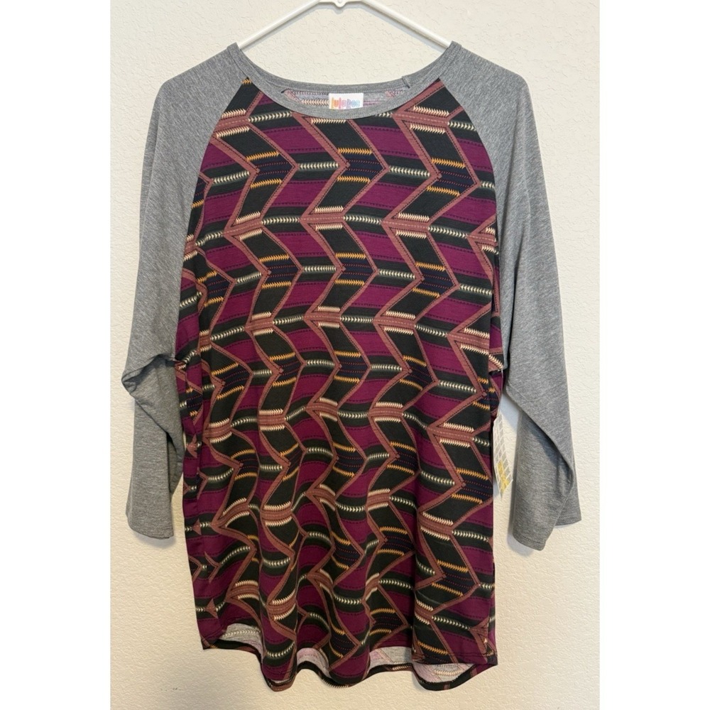 NWT LuLaRoe 3XL Purple‎ Black Geometric Print Gray Sleeve Baseball Tee Shirt